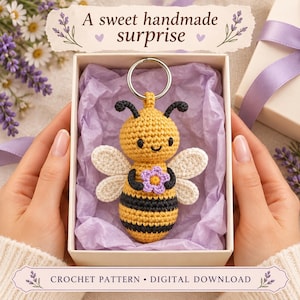Bee Keychain Crochet Pattern PDF, Honey Gold Amigurumi with Lavender Flower and Four Wings