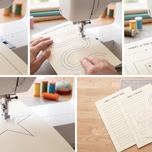 Puede incluir: Un conjunto de hojas de práctica de costura con patrones impresos que incluyen líneas rectas, laberintos, curvas suaves y formas geométricas como estrellas. Las hojas de papel color crema muestran líneas punteadas para practicar costura.