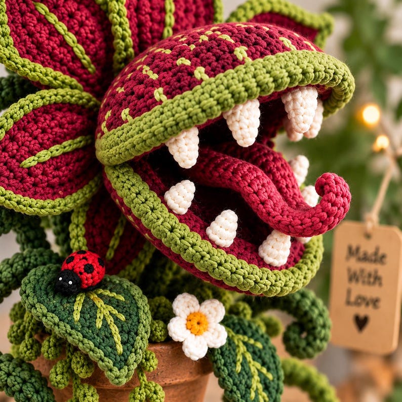 May include: A crocheted Venus flytrap plant in a terracotta pot, featuring deep red and green yarn petals, white teeth, and a red tongue. A small red and black ladybug and a white flower are attached. A tag reads Made With Love.