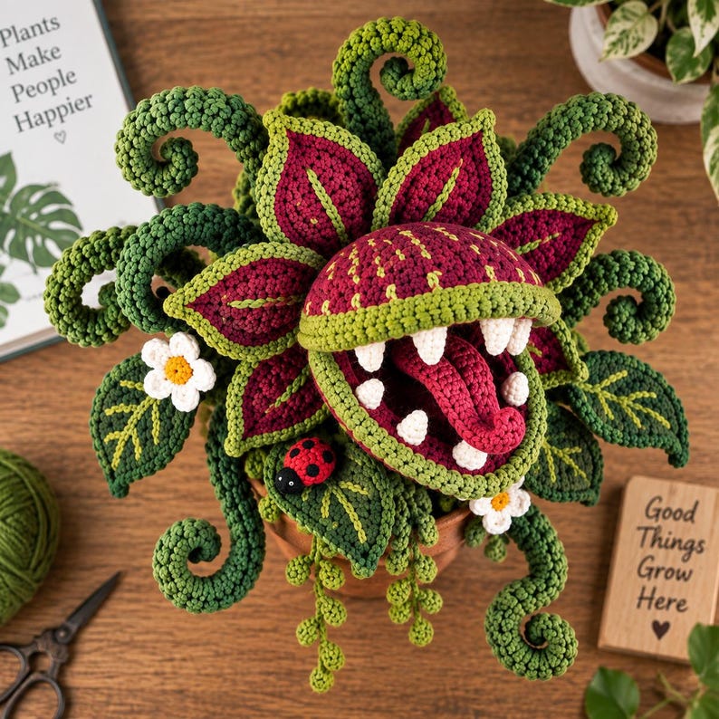 May include: A crocheted carnivorous plant in a terracotta pot featuring deep red and green leaves, curling vines, white teeth, a pink tongue, and a small red ladybug. The plant is surrounded by green yarn, scissors, and signs.