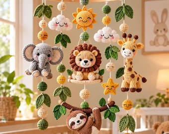 May include: A nursery mobile featuring crocheted figures of a gray elephant, a brown lion on a swing, a yellow giraffe, and a brown sloth hanging from a branch. The mobile includes yellow sun and star shapes, white clouds, and green leaves.
