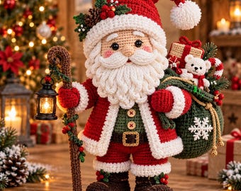 May include: A crocheted Santa Claus figurine wearing a red and white hat, a red coat with white trim, and dark brown boots. The figure holds a brown staff with a black lantern and carries a green sack decorated with a white snowflake and a small bear.