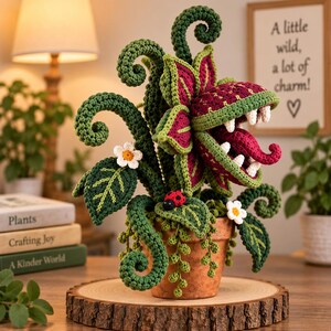May include: A crocheted carnivorous plant in a terracotta pot, featuring dark green curly vines, deep magenta petals with white teeth, a long tongue, small white flowers, and a red ladybug with black spots resting on a leaf.