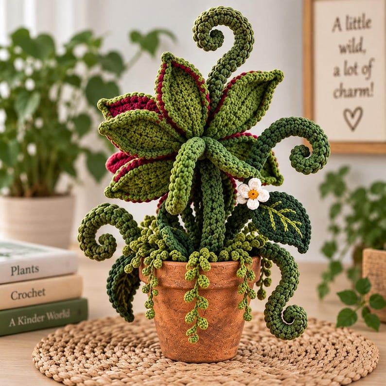 May include: A crocheted plant in a terracotta pot featuring dark green leaves with red undersides, spiraling tendrils, and a small white flower with a yellow center. The plant has a textured, yarn-based construction with multiple stems and trailing vines.