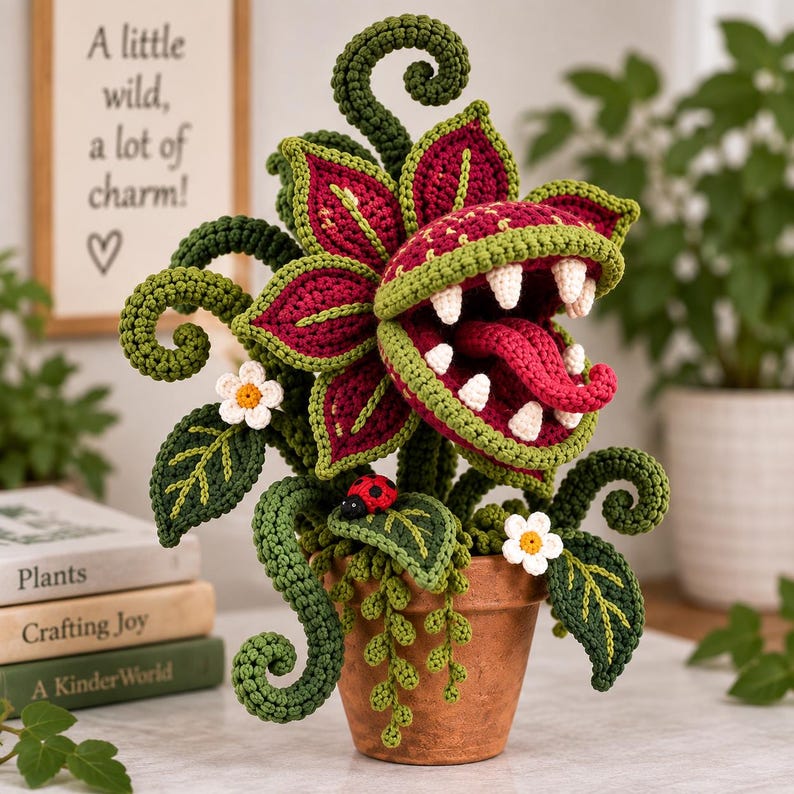May include: A crocheted carnivorous plant in a terracotta pot, featuring deep red petals with yellow spots, white teeth, a red tongue, and green curly vines. Small white flowers and a red ladybug are attached to the green leaves.