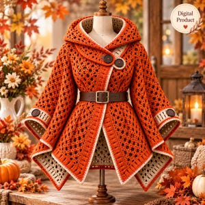 May include: An orange crochet hooded cape with a diamond pattern, featuring a brown leather belt with a metal buckle at the waist, two dark brown buttons at the neckline, and cream-colored trim along the edges. The text Digital Product is visible.