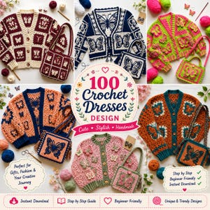 May include: A digital collage featuring five sets of crocheted cardigans and matching handbags with butterfly motifs in various color combinations. The central text reads 100 Crochet Dresses DESIGN, surrounded by smaller text labels.