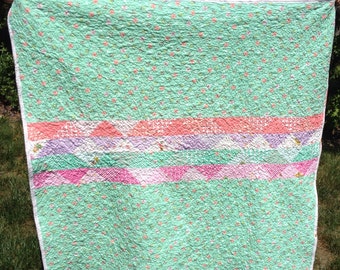 Handmade Reversible Patchwork Child Quilt, Pink, Lavender, Mint, Coral