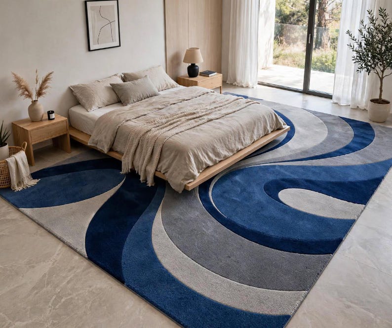 Hand Tufted Wool Wave Rug, Navy Blue Grey Abstract Area Rug, Modern ...