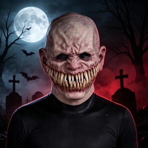 May include: A full-head latex mask featuring a pale, wrinkled, bald humanoid creature with deep-set dark eyes and an oversized, wide mouth filled with rows of sharp, pointed, yellowish teeth. The mask is worn over a plain, solid black crew-neck shirt.