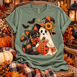 Halloween Spook en Zwarte Kat PNG, Nep Geborduurd Pompoenontwerp, Leuke Spookachtige Herfst Sublimatie Clipart, Heksenhoed Shirt Grafische Afbeelding