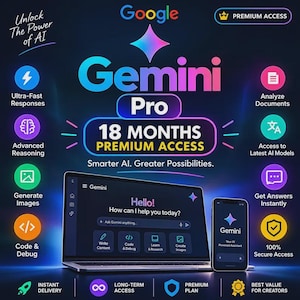 Può includere: Una grafica promozionale per Google Gemini Pro con un portatile e uno smartphone che mostrano l'interfaccia. Il testo include Unlock The Power of AI, 18 MONTHS PREMIUM ACCESS e Smarter AI. Greater Possibilities. Le icone evidenziano le funzioni.