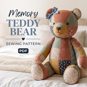 May include: A patchwork teddy bear made of various fabric squares in muted tones of rust, sage green, navy, and cream with floral and gingham prints. The bear features a light blue bow on its ear and dark button eyes. Text reads Memory TEDDY BEAR SEWING PATTERN PDF.