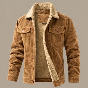 May include: A tan corduroy jacket featuring a beige sherpa fleece lining and collar. The jacket includes a button-up front closure, two chest pockets with buttoned flaps, long sleeves with buttoned cuffs, and a textured vertical ribbed fabric finish.