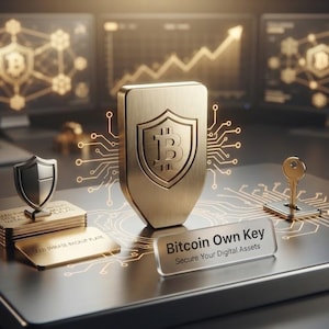 May include: A gold-colored metal shield featuring a Bitcoin symbol, accompanied by a small silver shield, a stack of metal plates, a key, and a rectangular sign with the text Bitcoin Own Key Secure Your Digital Assets, all set on a dark surface.