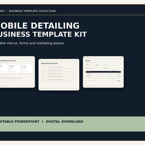 May include: A digital mobile detailing business template kit featuring editable menus, forms, and marketing pieces. The dark background displays the text Fieldkit, Business Template Collection, Mobile Detailing Business Template Kit, and Editable PowerPoint Digital Download.