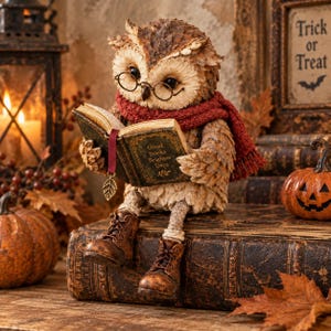 Könnte beinhalten: Eine braune Eulenfigur mit runder Drahtbrille und rotem Strickschal, die auf einem Bücherstapel sitzt. Die Eule hält ein offenes Buch mit dem Text 'Good Books Brighter Days' und einem blattförmigen Lesezeichen. Sie trägt braune Schnürstiefel.