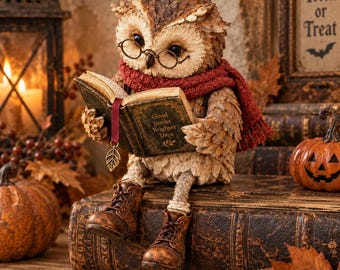 Reading Owl Figurine with Book and Glasses, Vintage Halloween Decor, Fall Shelf Decor, Book Lover Gift, Cozy Gothic Home Accent