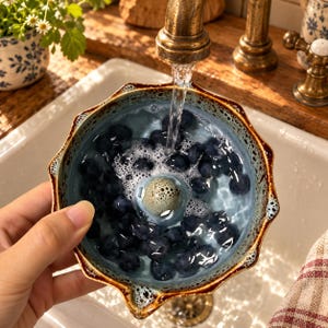 May include: A scalloped ceramic bowl with a speckled blue and brown glaze, filled with water and fresh blueberries. A single speckled quail egg sits in the centre of the bowl. Water flows from a brass faucet directly into the bowl, creating bubbles.