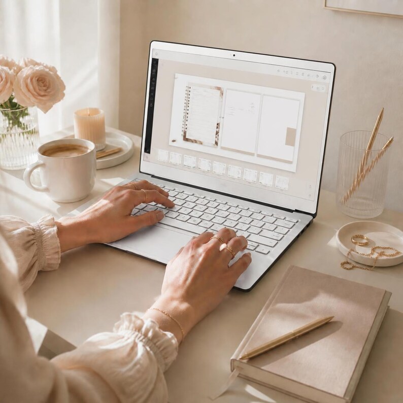 May include: A silver laptop displaying a digital planner interface on its screen. The laptop is placed on a desk alongside a white ceramic mug, a glass vase with light pink roses, a small candle, a gold pen, a notebook, and a jewelry dish.