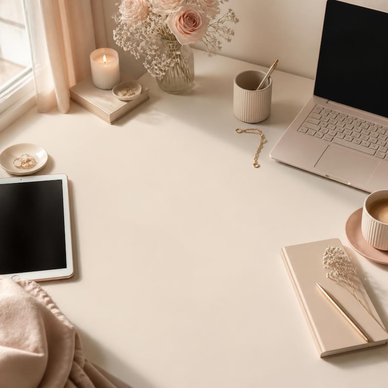 May include: A beige desk setup featuring a laptop, a tablet, a notebook with a gold pen, a ribbed cup, a candle, a small dish with jewelry, and a glass vase filled with light pink roses and baby's breath, all arranged on a clean surface.