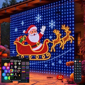 May include: A large LED curtain light display featuring a pixelated Santa Claus in a sleigh pulled by two reindeer, set against a blue background with white snowflakes. Includes a smartphone app interface and a remote control for light settings.