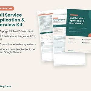 May include: A Civil Service Application & Interview Kit UK 2026 Edition, featuring a 48-page fillable PDF workbook, 9 behaviours by grade from AO to G6, 83 practice interview questions, and an evidence bank tracker for Excel and Google Sheets.