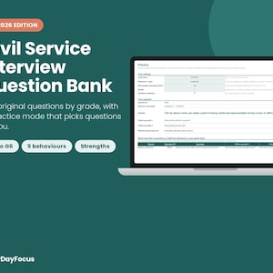May include: A digital product titled Civil Service Interview Question Bank UK 2026 Edition displayed on a laptop screen. The dark green graphic features text detailing 300 original questions, AO to G6 grades, 9 behaviors, and strengths.