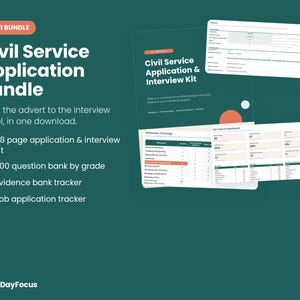 Peut inclure: Un kit numérique de candidature et d'entretien pour la fonction publique sur fond vert foncé. Il comprend un guide de 48 pages, une banque de 300 questions, un suivi de preuves et un suivi de candidatures, le tout nommé 4 in 1 bundle.