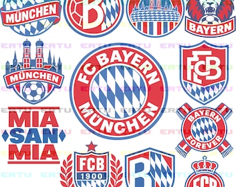 Könnte beinhalten: Eine Sammlung von zwölf FC Bayern München Grafik-Logos und Emblemen in Rot, Weiß und Blau. Die Designs zeigen Fußbälle, die Frauenkirche, einen Löwen, den Text Mia San Mia und das FCB-Monogramm, alles vor einem wiederkehrenden Wasserzeichen.