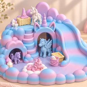 May include: A pastel-colored unicorn playset featuring a multi-level structure with a slide, stairs, and arched openings. The set includes four small unicorn figurines in white, blue, purple, and pink, along with a bucket, a crate, and crystals.