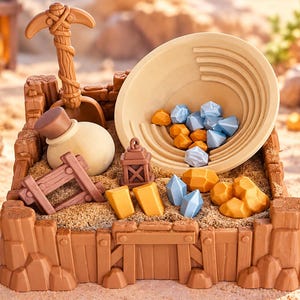 May include: A mining-themed playset featuring a tan plastic sluice box filled with sand, containing a brown pickaxe, a small beige bottle with a cork, a brown lantern, a wooden-style fence, and various gold and light blue crystal-shaped stones.