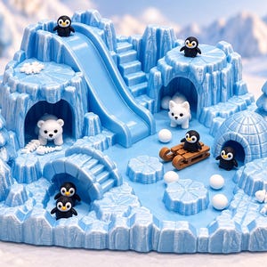 May include: A light blue plastic arctic playset featuring a slide, stairs, and an igloo. The set includes miniature figures of penguins, a polar bear, and a white fox. Small white spheres and fish bone accessories are scattered across the icy base.