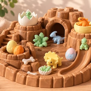 May include: A brown, rocky dinosaur playset featuring a central cave, a slide, and various small, colorful dinosaur figures, including a yellow triceratops, a blue parasaurolophus, and several eggs, some of which are cracked with hatchlings.