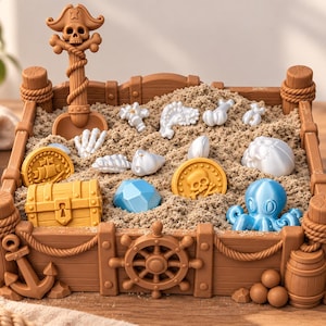 May include: A brown pirate-themed sandbox filled with sand, featuring a ship's wheel, anchor, and barrel details. Inside are various plastic accessories including a skull-topped shovel, gold coins, a treasure chest, a blue octopus, and white bones.