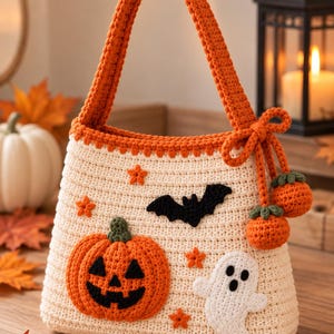 Könnte beinhalten: Eine cremefarbene Häkeltasche mit einem orangefarbenen Kürbis, einem weißen Geist, einer schwarzen Fledermaus und kleinen orangefarbenen Sternen. Die Tasche hat einen einzelnen orangefarbenen Henkel und zwei kleine orangefarbene Bommeln.