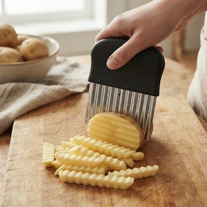 Könnte beinhalten: Ein Wellenschneider mit schwarzem Griff und einer gewellten Edelstahlklinge, der eine rohe Kartoffel in geriffelte Streifen auf einer Holzoberfläche schneidet. Das Werkzeug verfügt über einen breiten, ergonomischen Griff und eine scharfe, geriffelte Metallklinge.