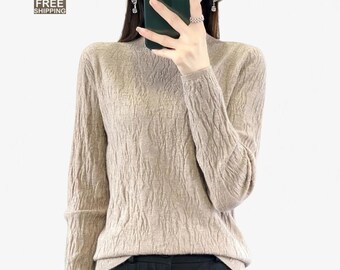 Maglione da donna a maniche lunghe a righe con collo alto, vestibilità aderente (autunno/inverno)