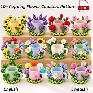 May include: A digital PDF pattern for 10+ crochet flower coasters, featuring images of various mugs surrounded by crocheted floral, mushroom, and butterfly designs in yellow, purple, red, pink, blue, and green colors.