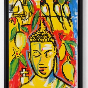 Original Buddha Portrait 30x40 Gelb Rot Grün mit Vögeln Moderne Kunst Acryl Gemälde Leinwand Signiert Expressionistisch