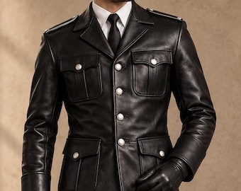 May include: A black leather jacket with four front pockets, silver buttons, and shoulder epaulets, paired with matching black leather trousers, a white collared shirt, a black necktie, and black leather gloves.
