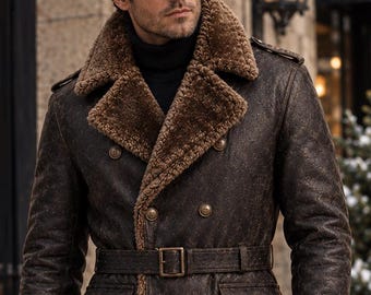 May include: A dark brown, double-breasted, knee-length coat with a distressed leather-like finish, featuring a thick, textured brown faux-fur lining, a wide notched collar, two front flap pockets, and a matching belt with a metal buckle.