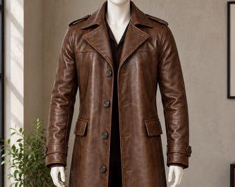May include: A long brown leather trench coat featuring a wide collar, shoulder epaulets, and a front button closure. The coat has long sleeves with buckled cuffs and two side pockets with flaps, displayed on a white mannequin torso.
