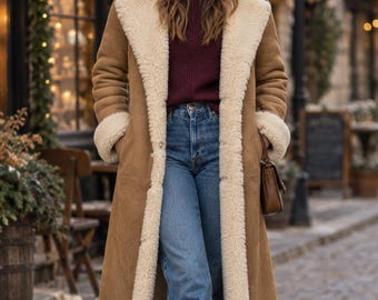 May include: A long tan suede coat with a thick cream-colored shearling lining, wide lapels, and folded cuffs. The coat is worn over a dark maroon ribbed sweater and blue denim jeans. A small brown leather shoulder bag is carried on the side.