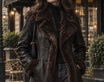 May include: A dark brown leather coat featuring a thick, plush faux fur lining and collar, long sleeves with fur-trimmed cuffs, and a button-front closure. The coat is worn over a black turtleneck sweater and dark grey denim jeans.