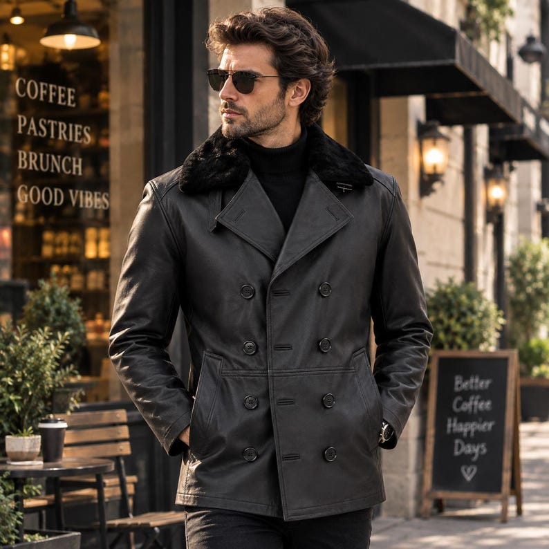 May include: A black double-breasted leather jacket featuring a black faux fur collar, a high neck black sweater underneath, and dark sunglasses. The jacket has six visible buttons arranged in two vertical rows and two side pockets.