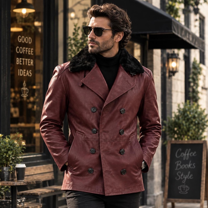 May include: A double-breasted burgundy leather jacket featuring a black faux fur collar, long sleeves, and dark buttons. The jacket is worn over a black turtleneck sweater and paired with dark trousers, creating a structured and layered appearance.