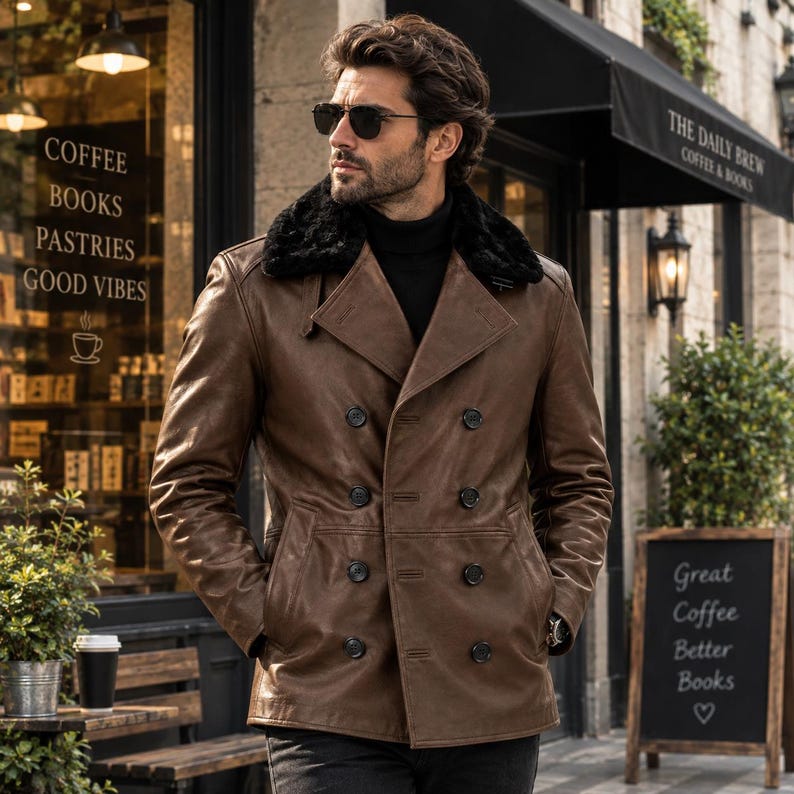 May include: A brown double-breasted leather jacket featuring a black faux fur collar, dark buttons, and a black turtleneck sweater underneath. The jacket has a structured lapel design and long sleeves, worn with dark sunglasses in an outdoor setting.
