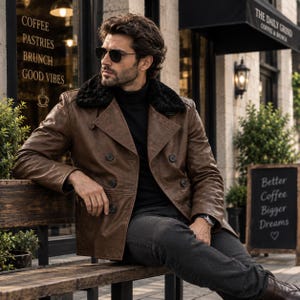 May include: A brown double-breasted leather jacket with a black faux fur collar, worn over a black turtleneck sweater and dark gray jeans. The jacket features dark buttons and a structured lapel, paired with black sunglasses and a silver wristwatch.
