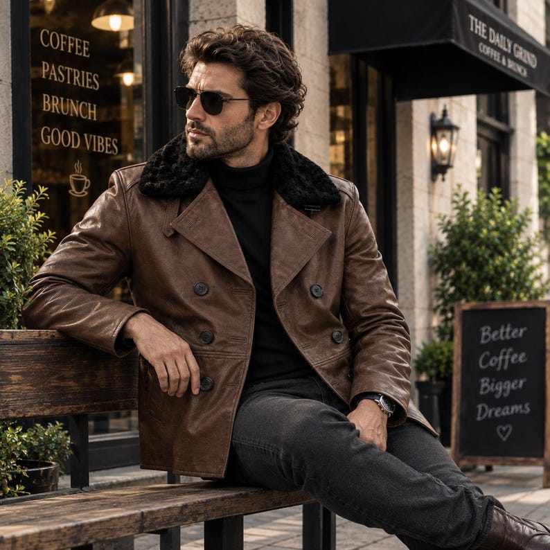May include: A brown double-breasted leather jacket with a black faux fur collar, worn over a black turtleneck sweater and dark gray jeans. The jacket features dark buttons and a structured lapel, paired with black sunglasses and a silver wristwatch.